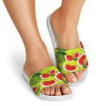 Lime Green Watermelon Pattern Print White Slide Sandals