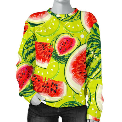 Lime Green Watermelon Pattern Print Women's Crewneck Sweatshirt GearFrost
