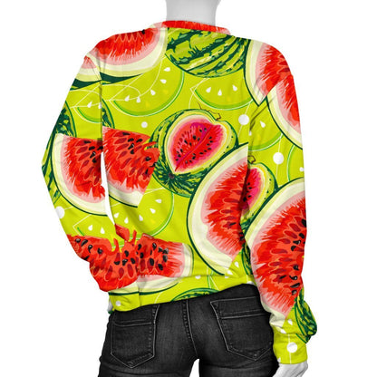 Lime Green Watermelon Pattern Print Women's Crewneck Sweatshirt GearFrost