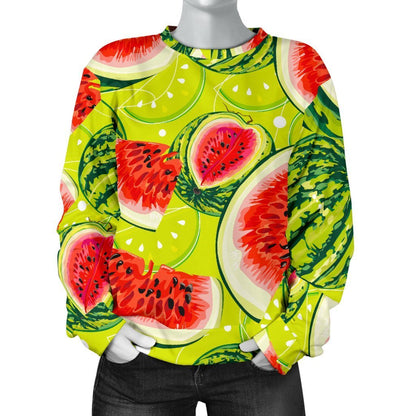 Lime Green Watermelon Pattern Print Women's Crewneck Sweatshirt GearFrost