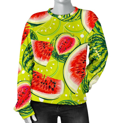Lime Green Watermelon Pattern Print Women's Crewneck Sweatshirt GearFrost