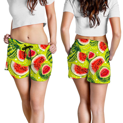 Lime Green Watermelon Pattern Print Women's Shorts