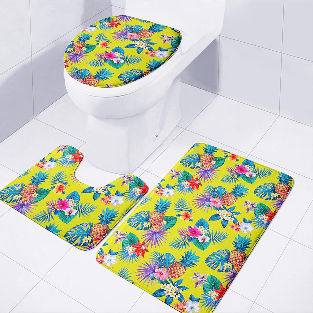 Lime Hawaiian Pineapple Pattern Print 3 Piece Bath Mat Set