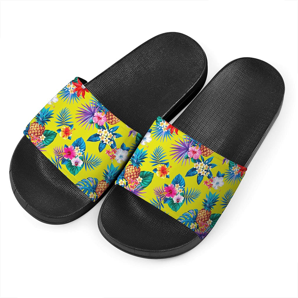 Lime Hawaiian Pineapple Pattern Print Black Slide Sandals