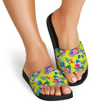 Lime Hawaiian Pineapple Pattern Print Black Slide Sandals