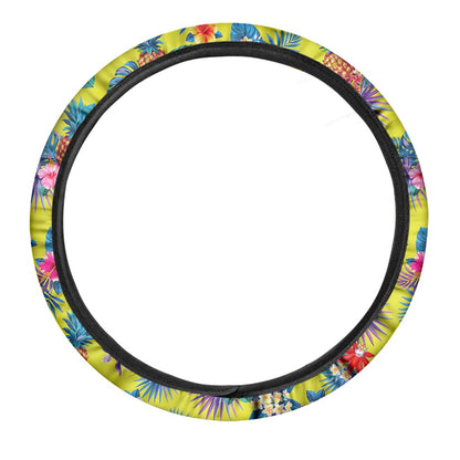 Lime Hawaiian Pineapple Pattern Print Car Steering Wheel Cover