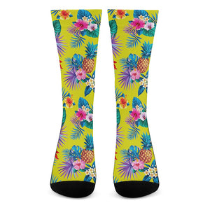 Lime Hawaiian Pineapple Pattern Print Crew Socks