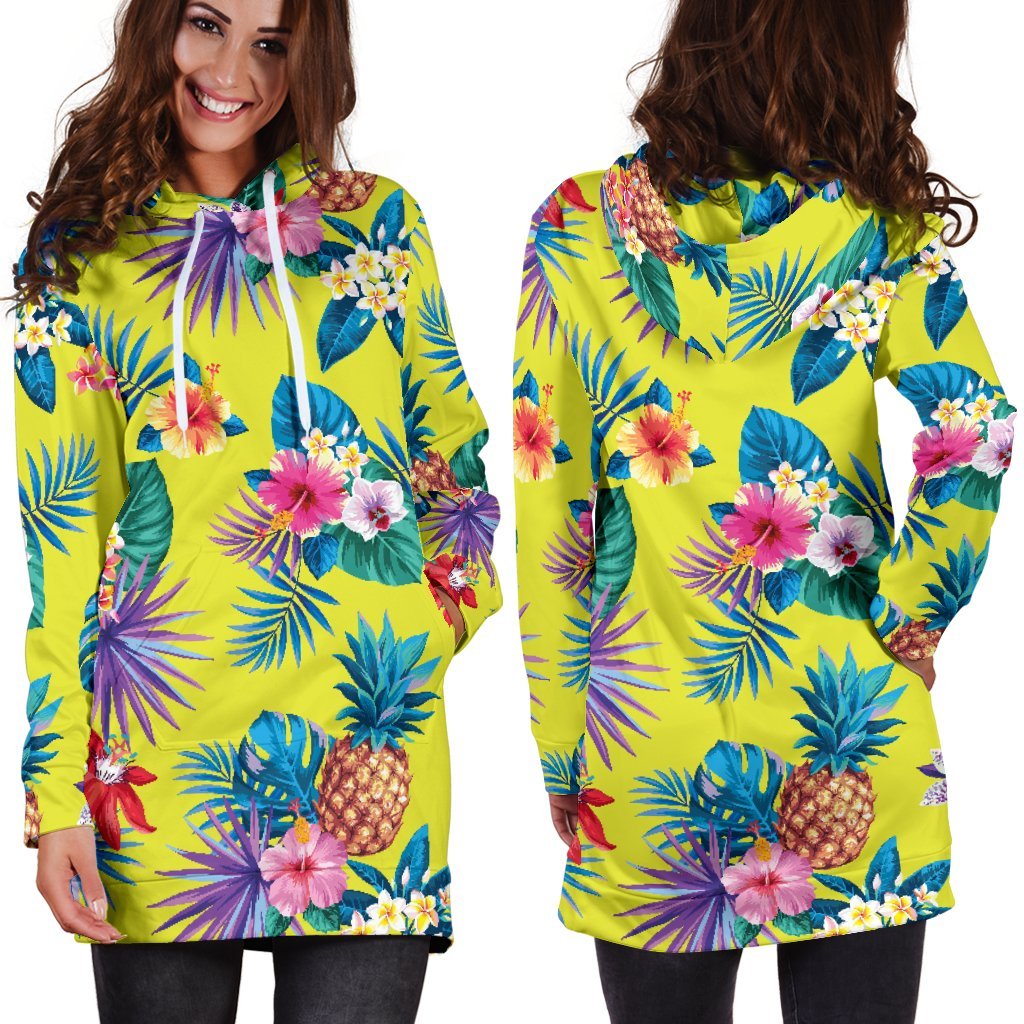 Lime Hawaiian Pineapple Pattern Print Hoodie Dress GearFrost
