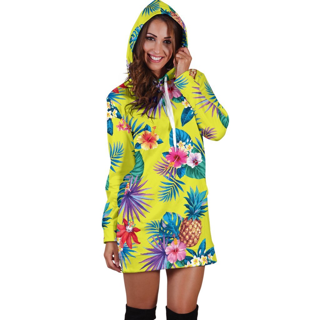 Lime Hawaiian Pineapple Pattern Print Hoodie Dress GearFrost
