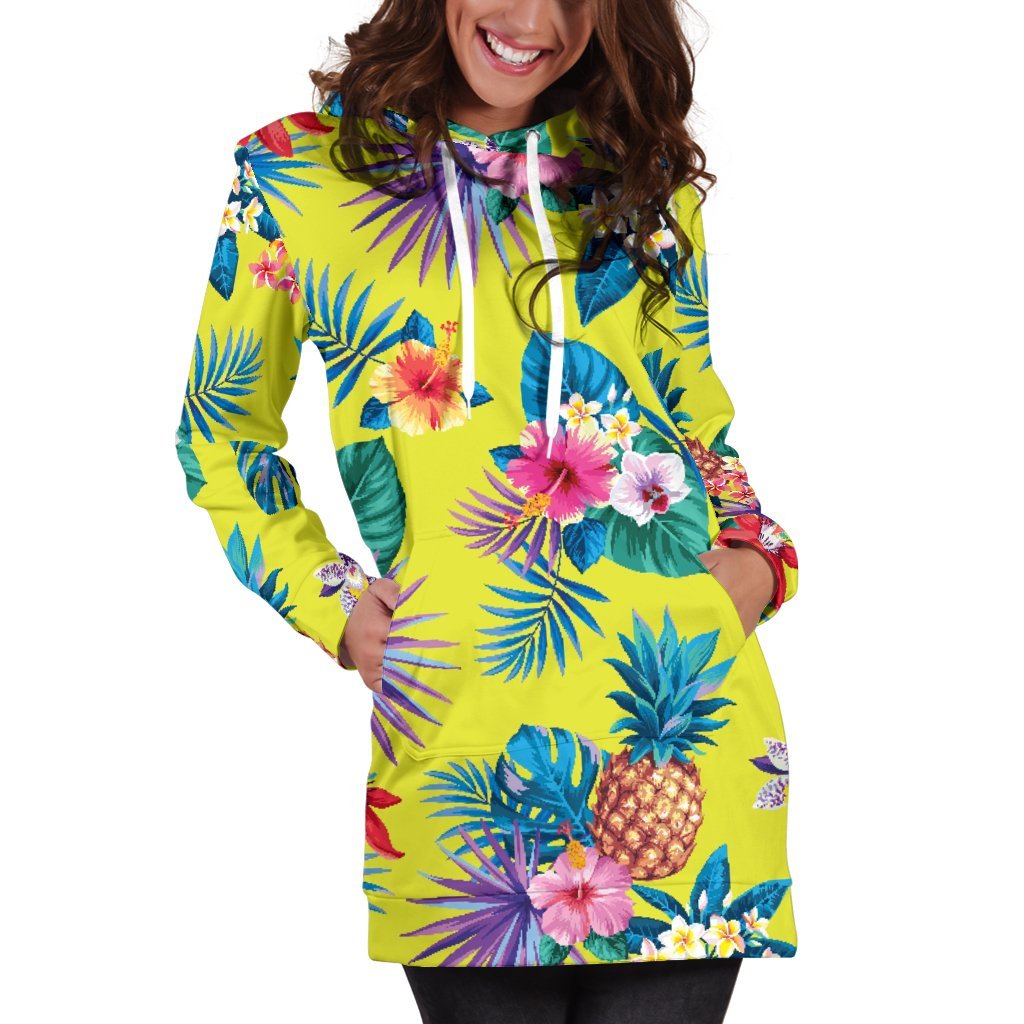 Lime Hawaiian Pineapple Pattern Print Hoodie Dress GearFrost