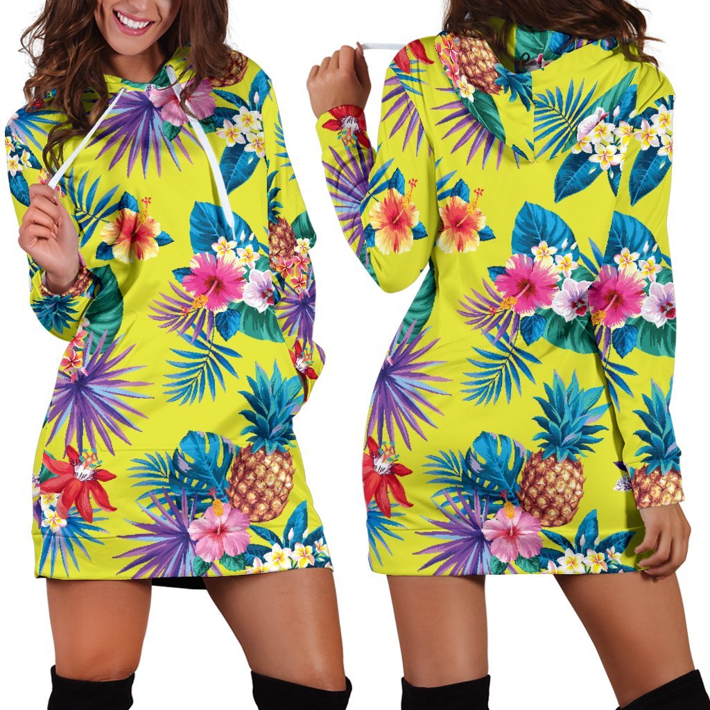 Lime Hawaiian Pineapple Pattern Print Hoodie Dress GearFrost