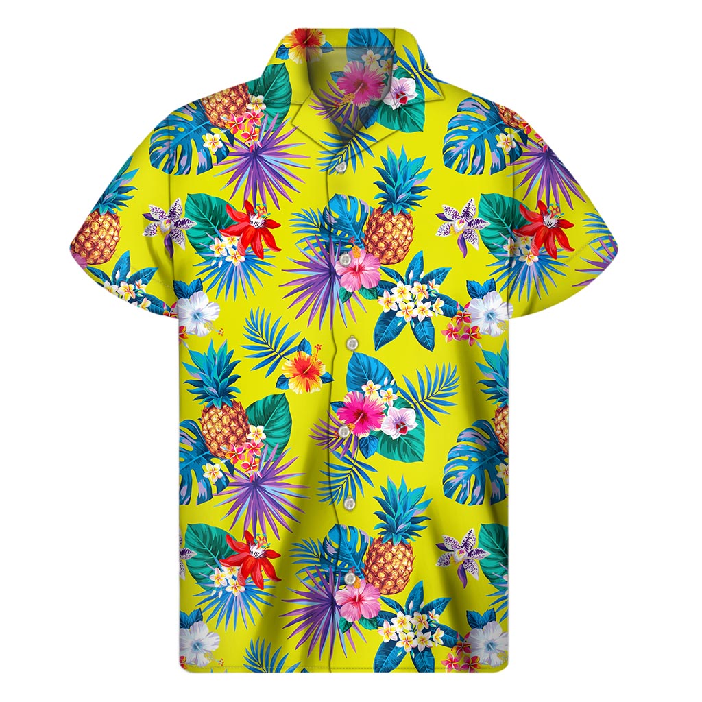 Lime Hawaiian Pineapple Pattern Print Men's Short Sleeve Shirt