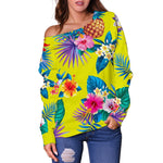 Lime Hawaiian Pineapple Pattern Print Off Shoulder Sweatshirt GearFrost