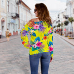 Lime Hawaiian Pineapple Pattern Print Off Shoulder Sweatshirt GearFrost