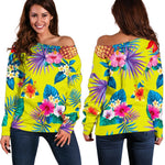 Lime Hawaiian Pineapple Pattern Print Off Shoulder Sweatshirt GearFrost