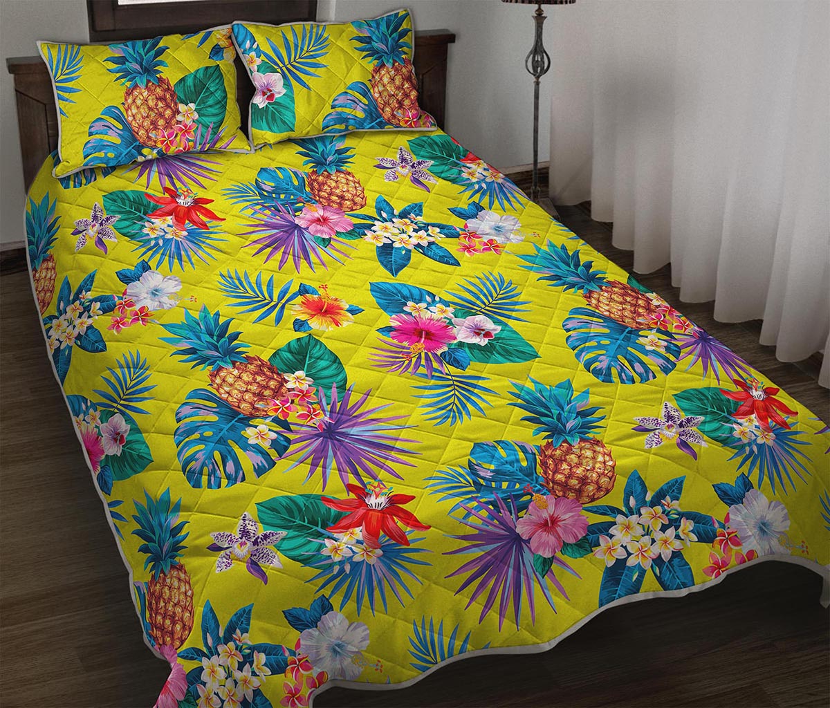 Lime Hawaiian Pineapple Pattern Print Quilt Bed Set