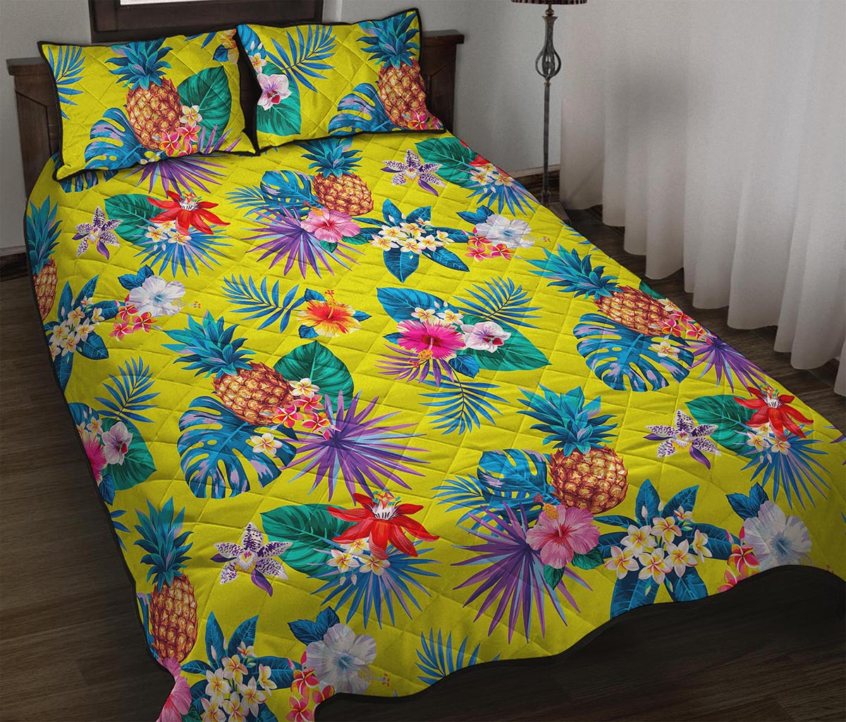 Lime Hawaiian Pineapple Pattern Print Quilt Bed Set