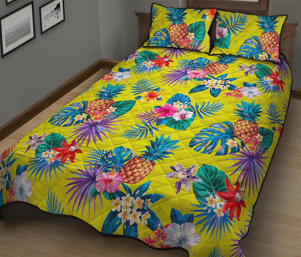 Lime Hawaiian Pineapple Pattern Print Quilt Bed Set