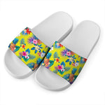 Lime Hawaiian Pineapple Pattern Print White Slide Sandals