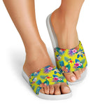 Lime Hawaiian Pineapple Pattern Print White Slide Sandals