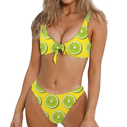 Lime Slices Pattern Print Front Bow Tie Bikini