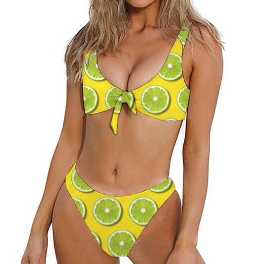Lime Slices Pattern Print Front Bow Tie Bikini