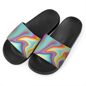 Liquid Holographic Trippy Print Black Slide Sandals