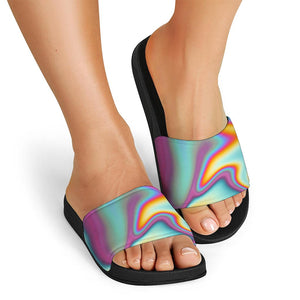 Liquid Holographic Trippy Print Black Slide Sandals