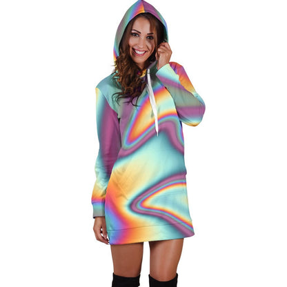 Liquid Holographic Trippy Print Hoodie Dress GearFrost
