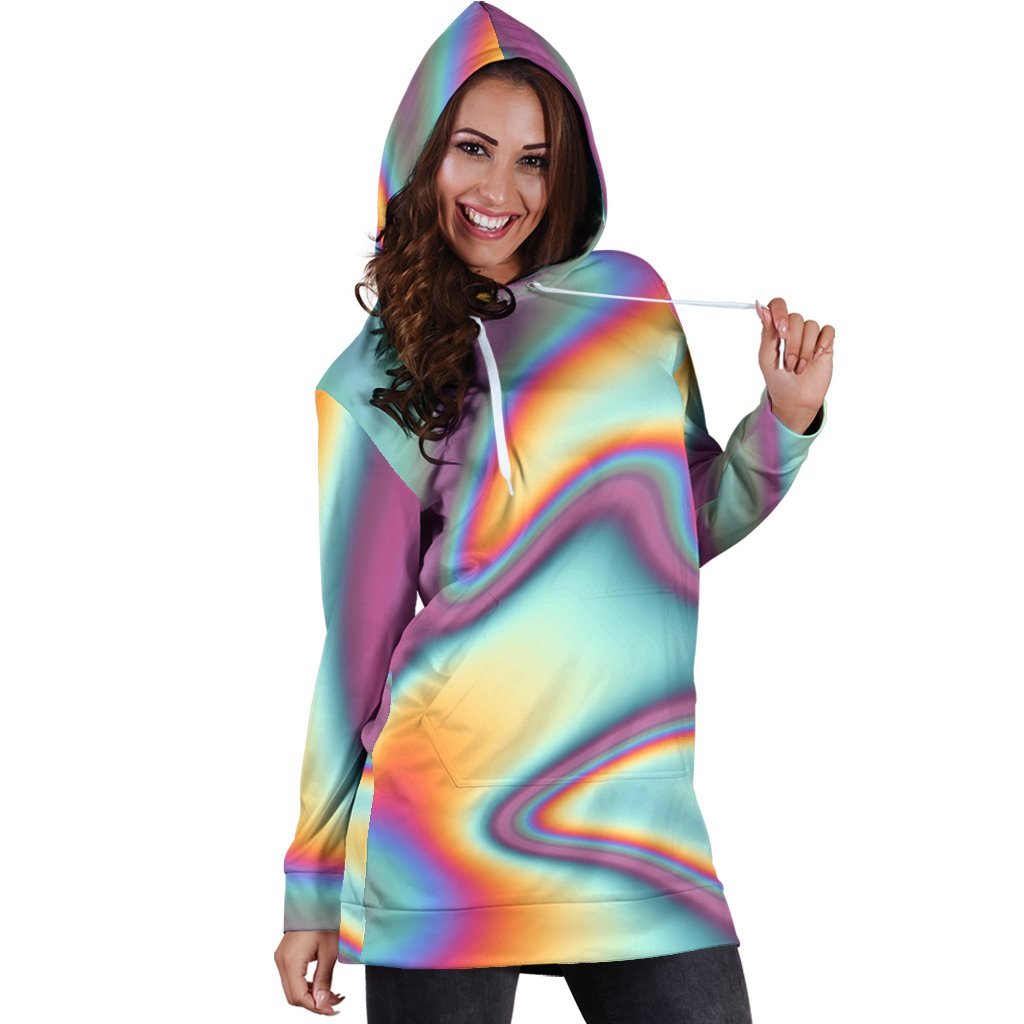 Liquid Holographic Trippy Print Hoodie Dress GearFrost