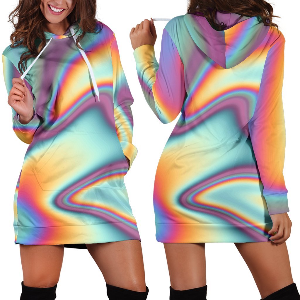 Liquid Holographic Trippy Print Hoodie Dress GearFrost