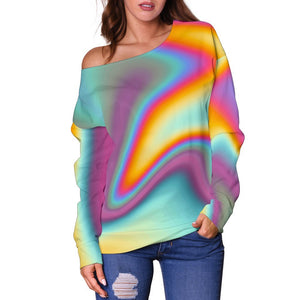 Liquid Holographic Trippy Print Off Shoulder Sweatshirt GearFrost