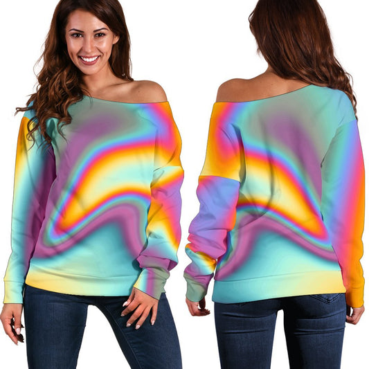 Liquid Holographic Trippy Print Off Shoulder Sweatshirt GearFrost
