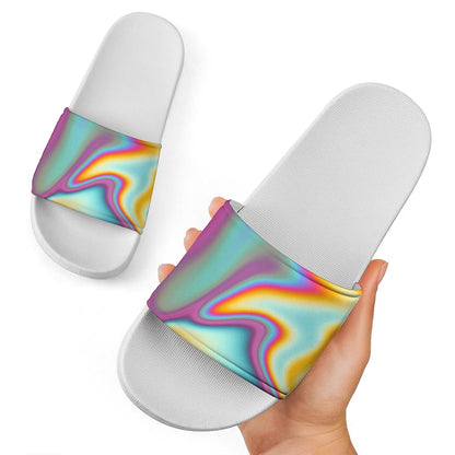Liquid Holographic Trippy Print White Slide Sandals