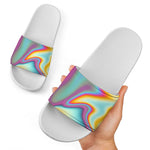 Liquid Holographic Trippy Print White Slide Sandals