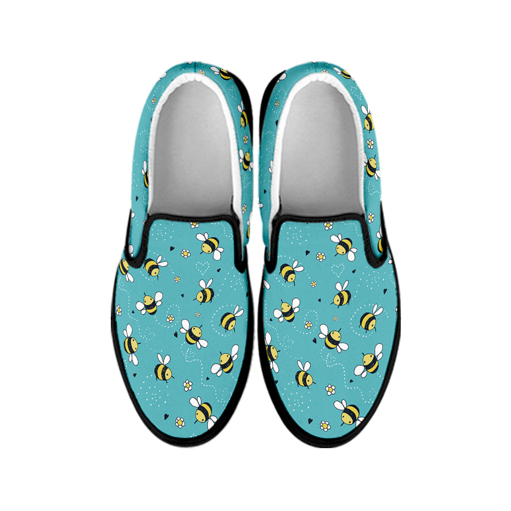 Little Bee Pattern Print Black Slip On Shoes