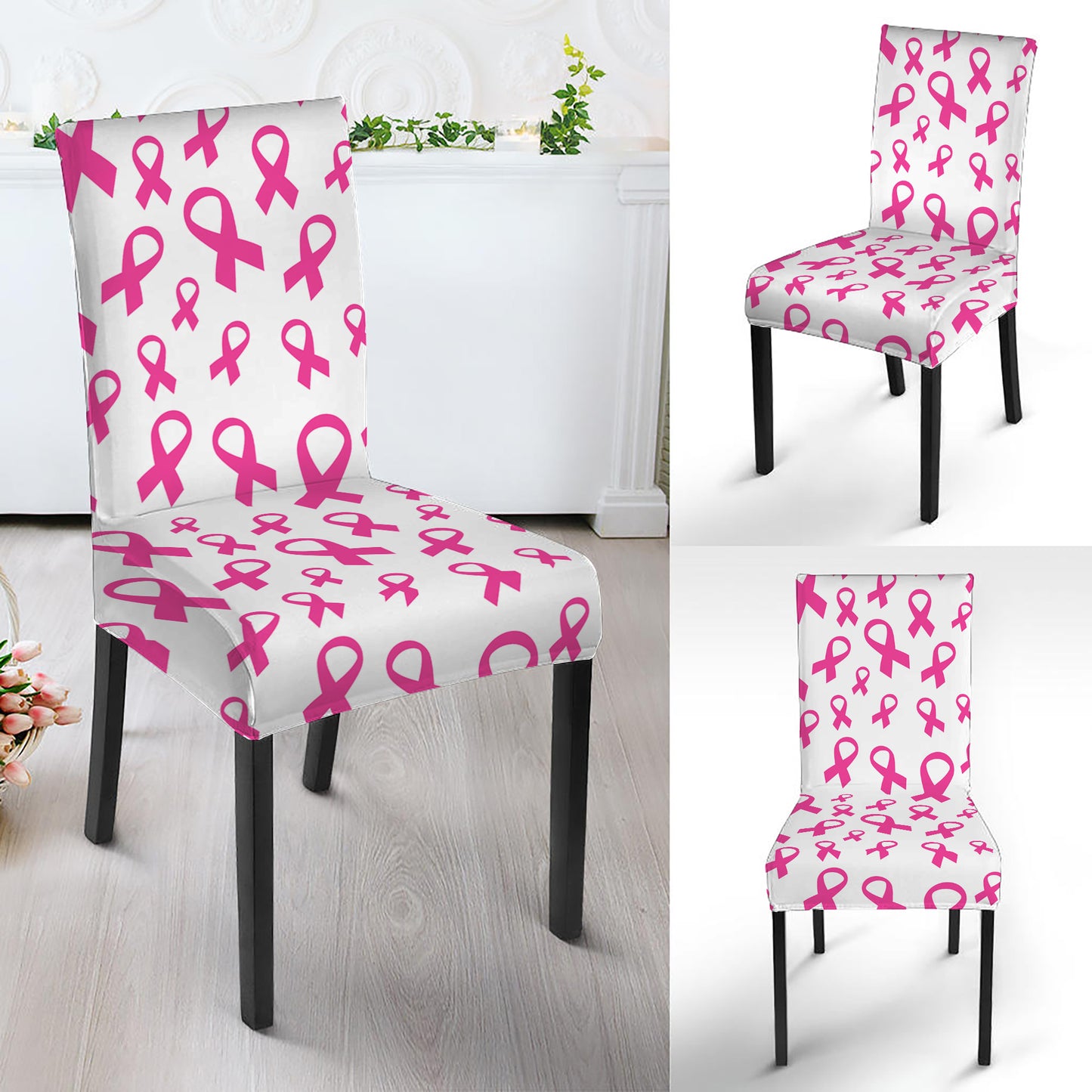 Little Breast Cancer Ribbon Print Dining Chair Slipcover