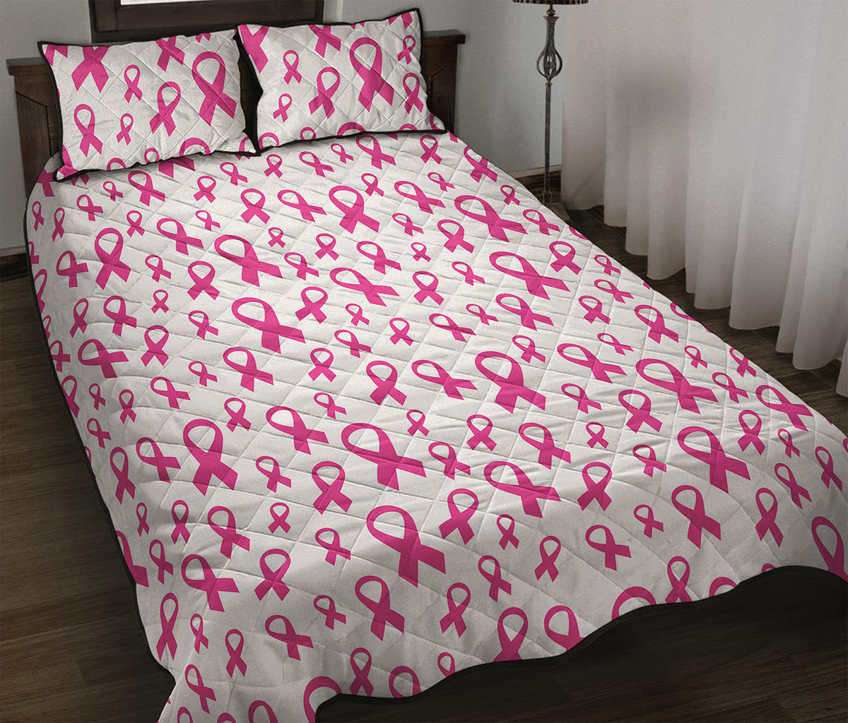 Little Breast Cancer Ribbon Print Quilt Bed Set
