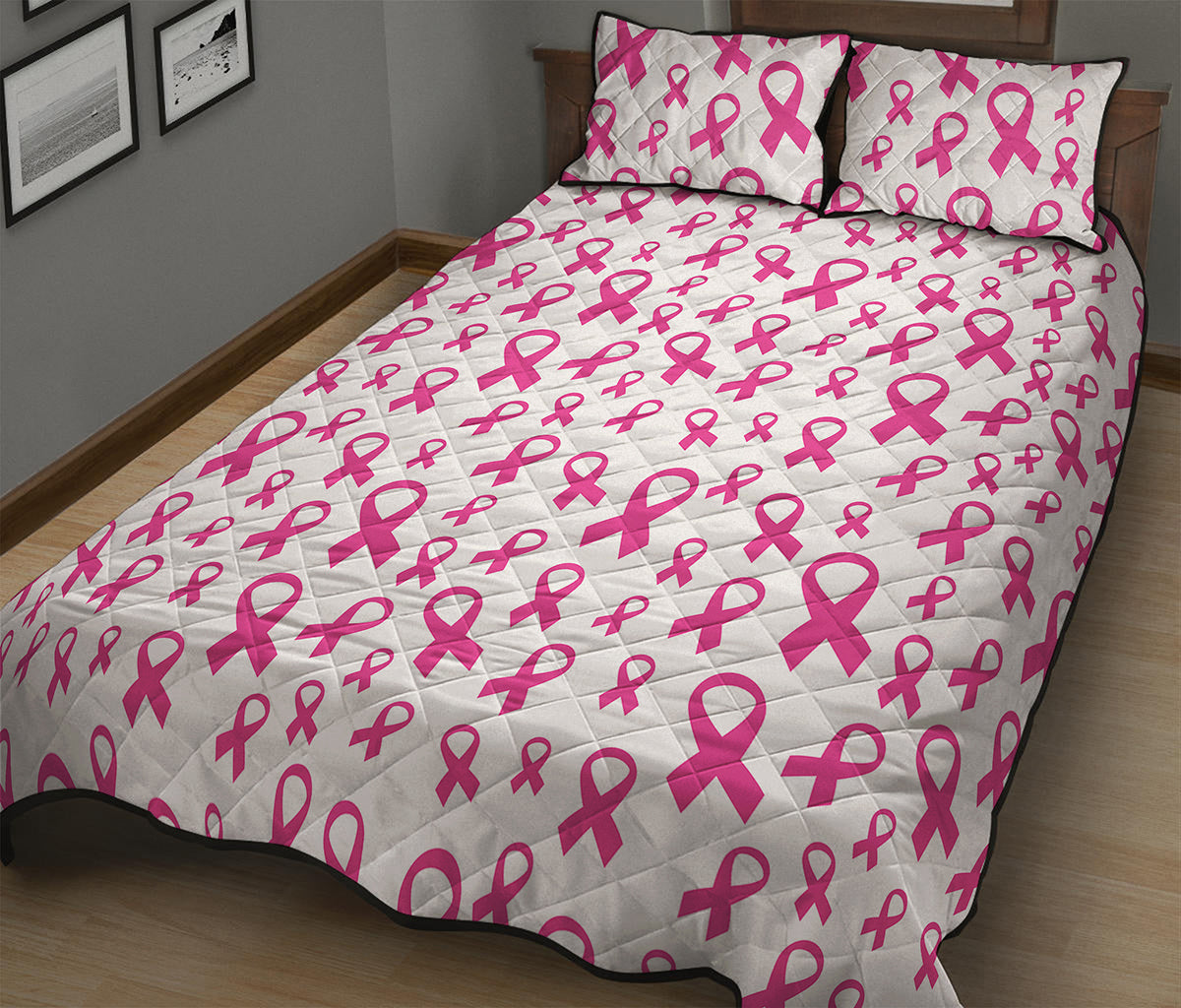 Little Breast Cancer Ribbon Print Quilt Bed Set