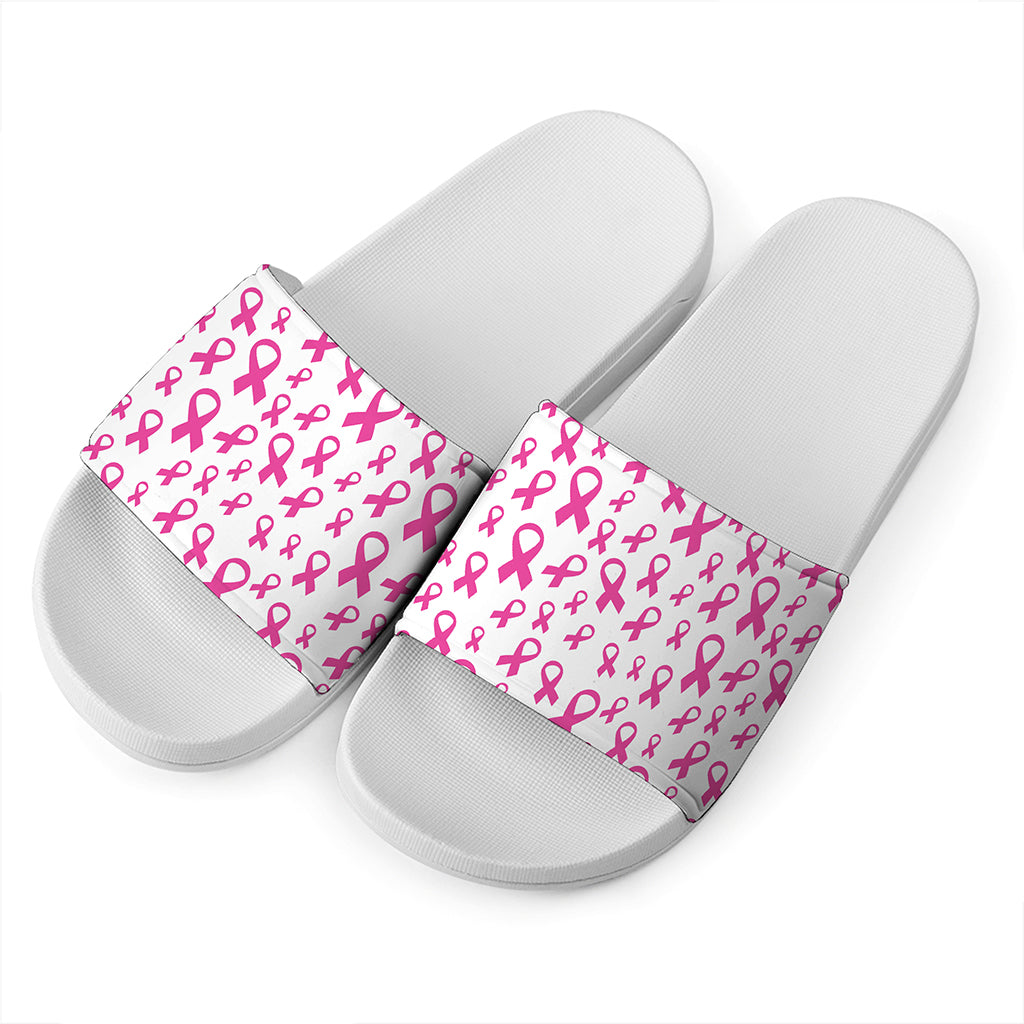 Little Breast Cancer Ribbon Print White Slide Sandals