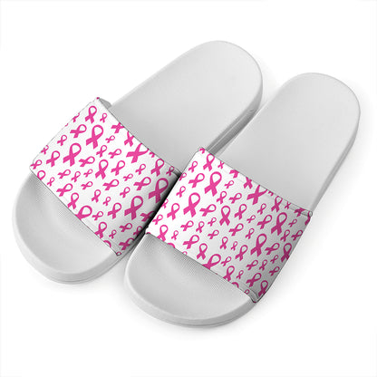 Little Breast Cancer Ribbon Print White Slide Sandals