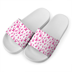 Little Breast Cancer Ribbon Print White Slide Sandals