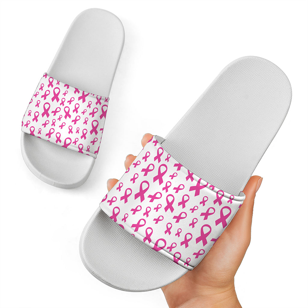 Little Breast Cancer Ribbon Print White Slide Sandals