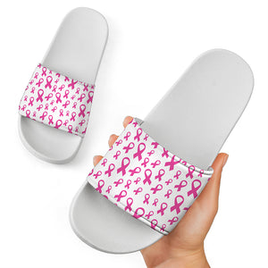 Little Breast Cancer Ribbon Print White Slide Sandals