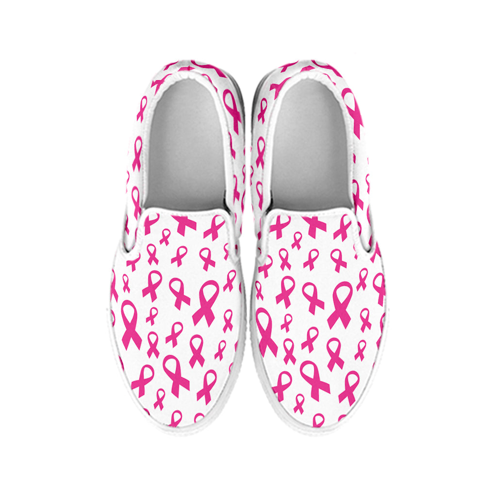 Little Breast Cancer Ribbon Print White Slip On Shoes