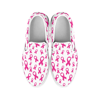 Little Breast Cancer Ribbon Print White Slip On Shoes