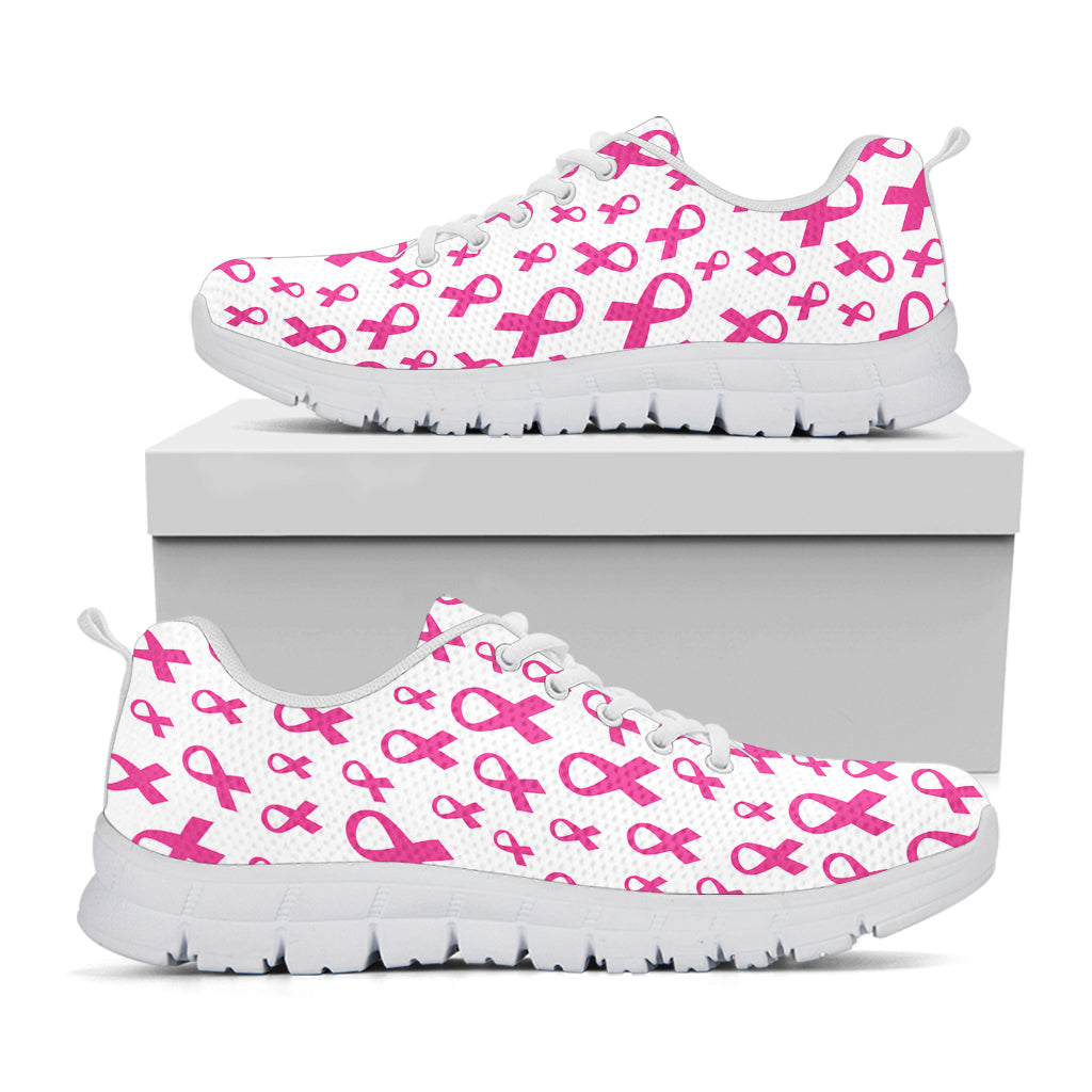 Little Breast Cancer Ribbon Print White Sneakers