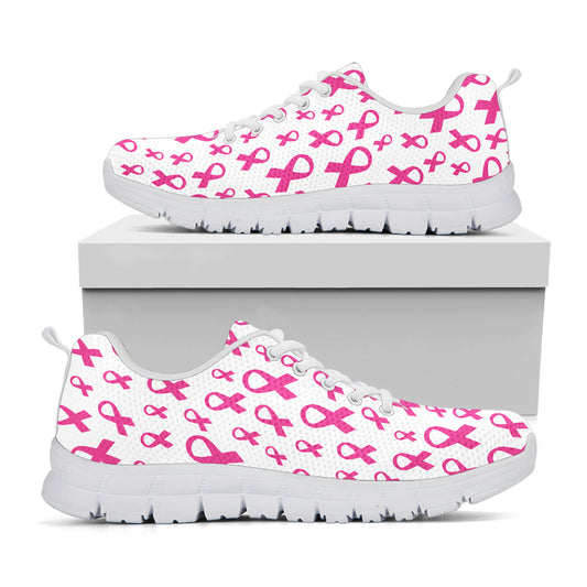 Little Breast Cancer Ribbon Print White Sneakers