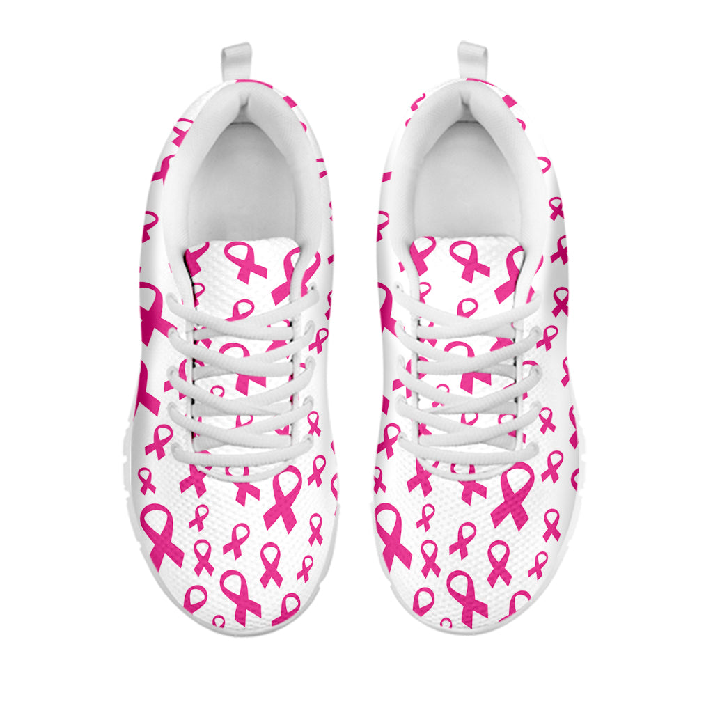 Little Breast Cancer Ribbon Print White Sneakers