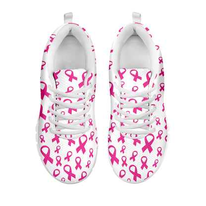 Little Breast Cancer Ribbon Print White Sneakers